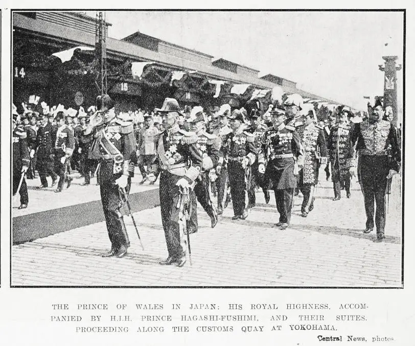 The Prince of Wales in Japan: His Royal Highness, accompanied by H.I.H. Prince Hagashi-Fushimi, and their suites, proceeding along the Customs Quay at Yokohama