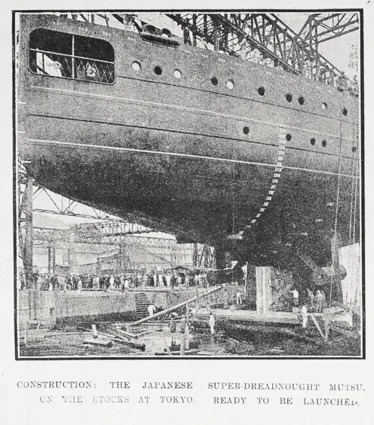 Construction: the Japanese super-dreadnought Mutsu on the stocks at Tokyo, ready to be launched