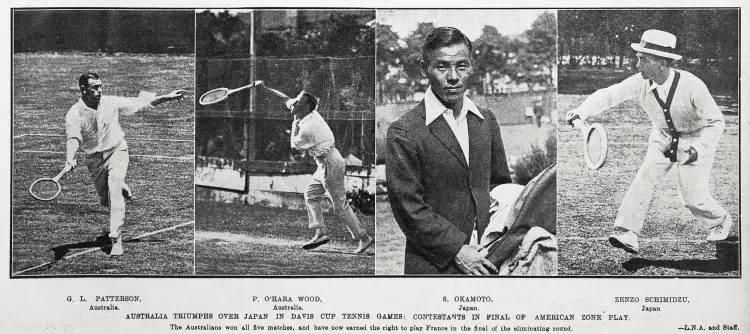 Australia triumphs over Japan in Davis Cup tennis games: contestants in final of American zone play. P. Ohara Wood, Australia