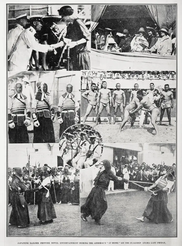 Japanese sailors provide novel entertainment during the admiral's 'at home' on the flagship Asama last Friday