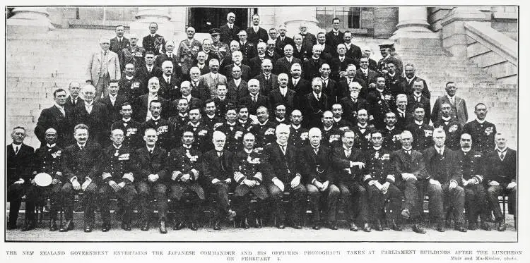 The New Zealand government entertains the Japanese Commander and his officers: photograph taken at Parliament Buildings after the luncheon on February 5