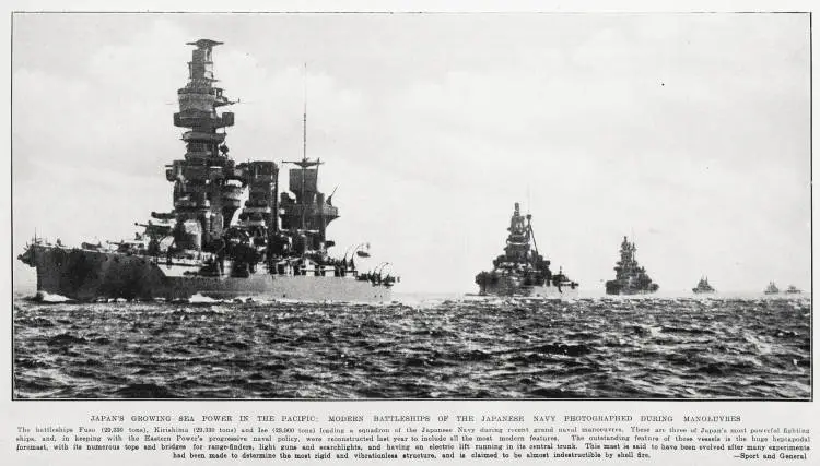 Japan's growing sea power in the Pacific: modern battleships of the Japanese Navy photographed during manoeuvres