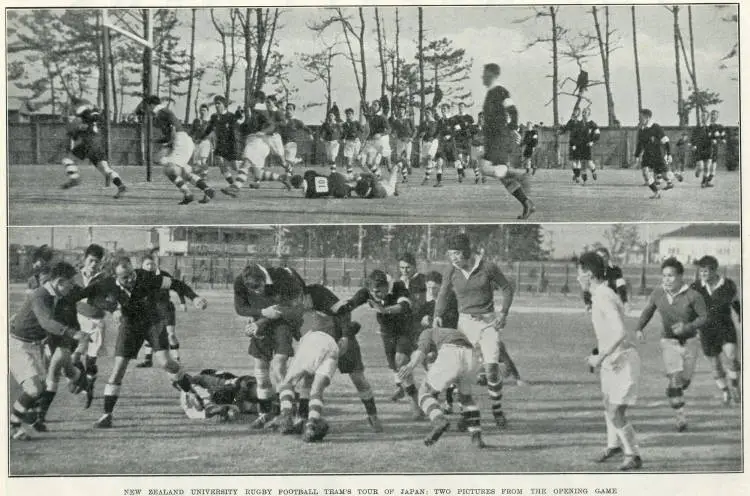 New Zealand University Rugby Football Team's tour of Japan: two pictures from the opening game