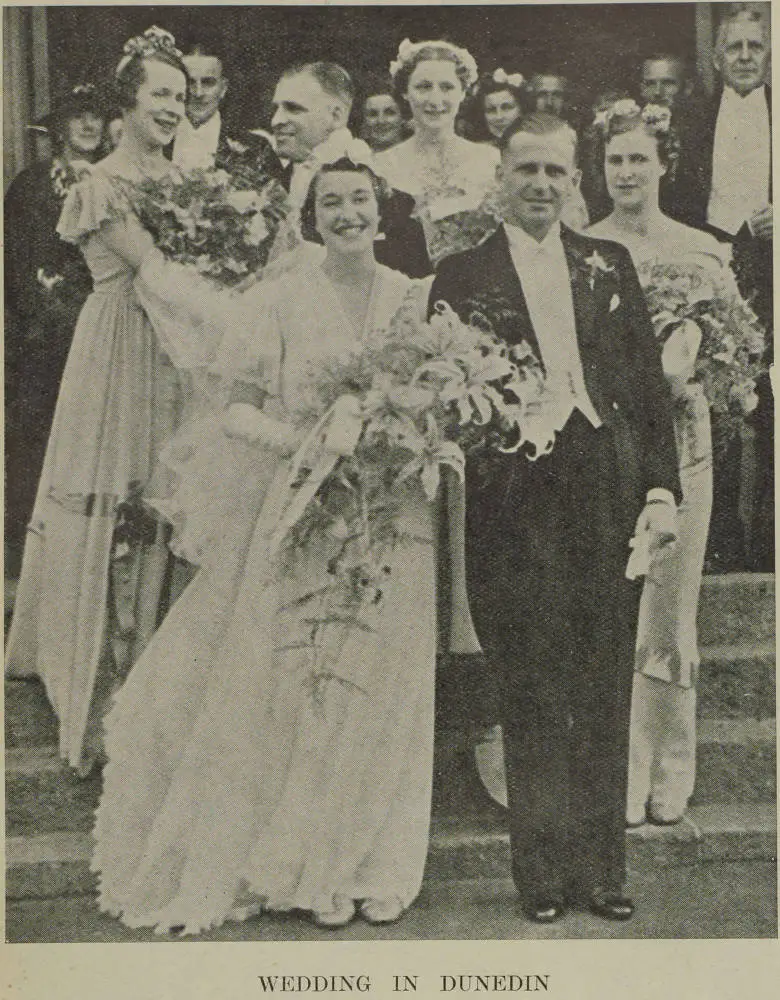 Bridal party of Mr. Harold Bridgewater and his wife Mrs. Margaret Bridgewater, Dunedin