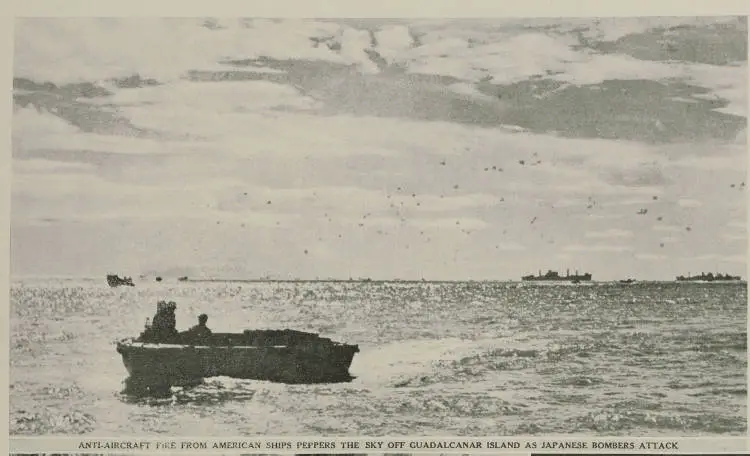Anti-aircraft fire from American ships peppers the sky off Guadalcanal Island as Japanese bombers attack