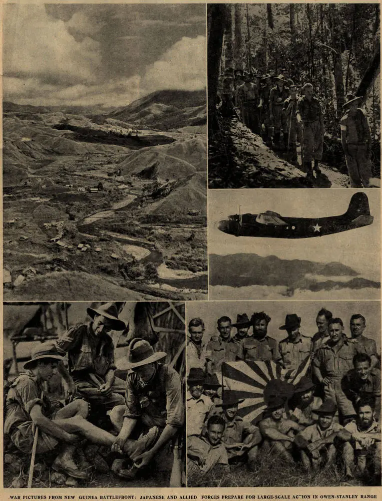 War pictures from New Guinea battlefront: Japanese and Allied forces prepare for large-scale action in Owen Stanley range