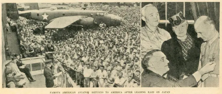 Famous American aviator returns to America after leading raid on Japan