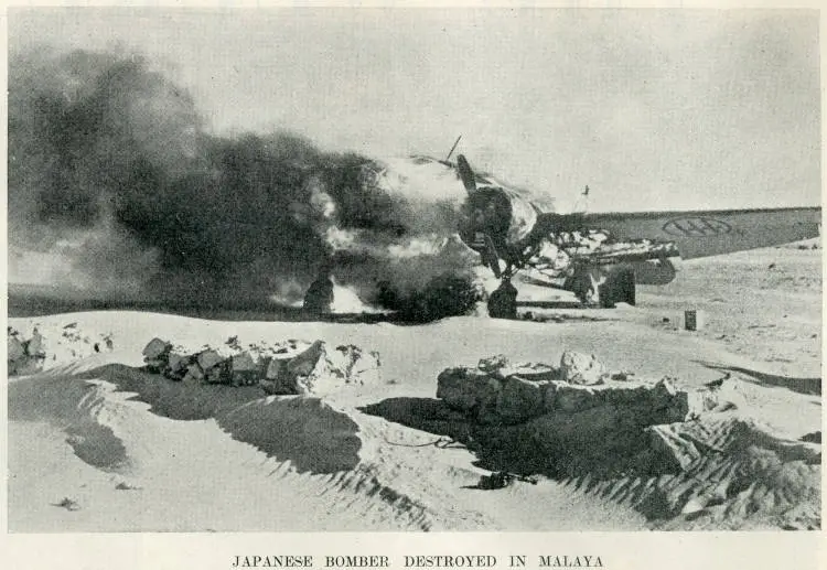 Japanese bomber destroyed in Malaya (sic)
