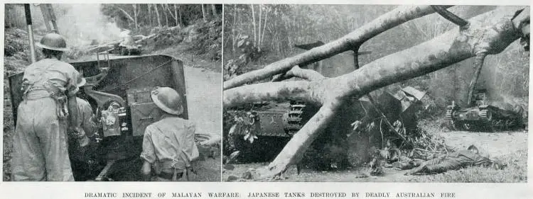 Dramatic incident of Malayan warfare: Japanese tanks destroyed by deadly Australian fire