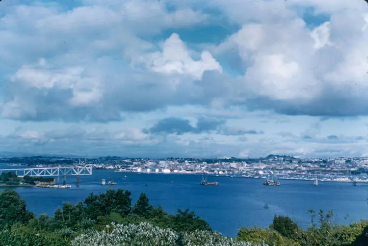Harbour bridge under construction, from Birkenhead Point, 1958