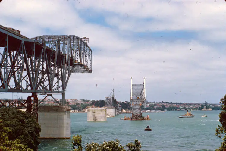 Moving the pick-a-back section of Auckland Harbour Bridge into place, 1958