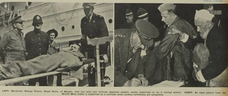 Former prisoners released from Japanese prison camps on a ship travelling via New Zealand