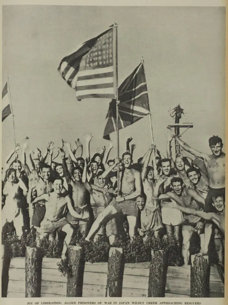 Joy of liberation: Allied prisoners of war in Japan wildly cheer approaching rescuers