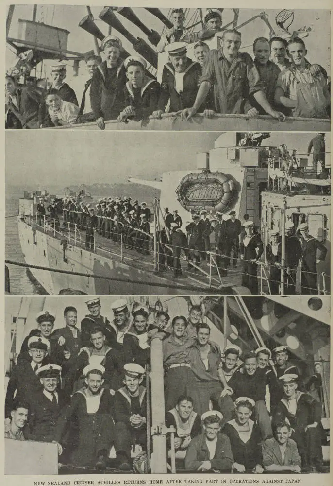 New Zealand cruiser Achilles returns home after taking parts in operations against Japan