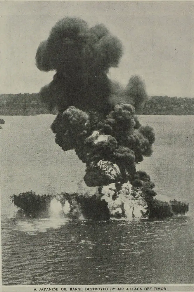 A Japanese oil barge destroyed by air attack off Timor