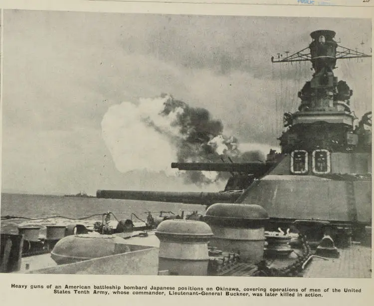 United States battleships bombard Okinawa