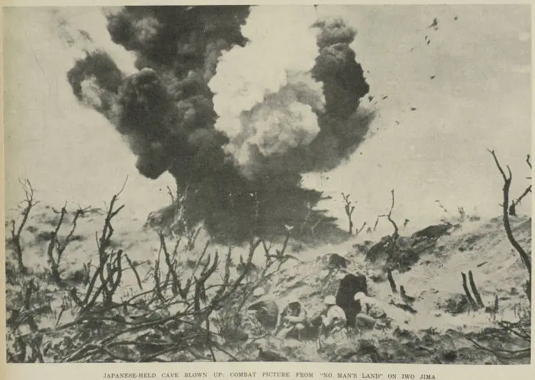 Japanese-held cave blown up: combat picture from 'no man's land' on Iwo Jima