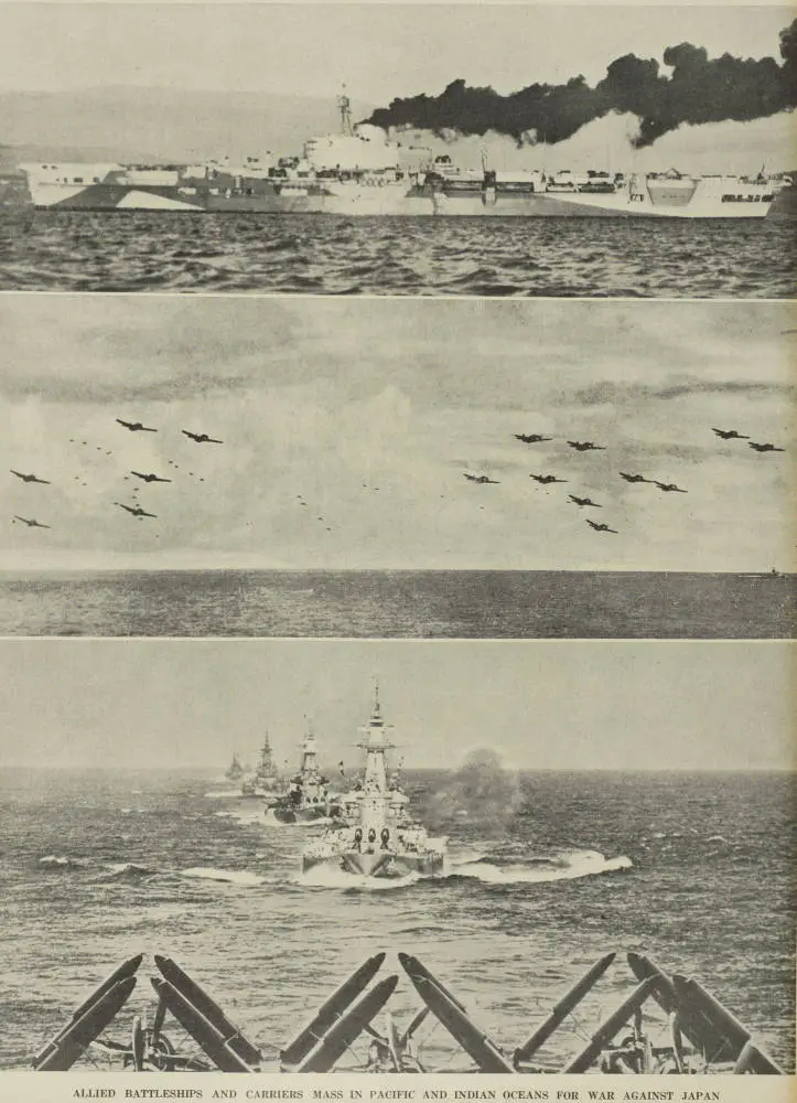 Allied battleships and carriers mass in Pacific and Indian oceans for war against Japan
