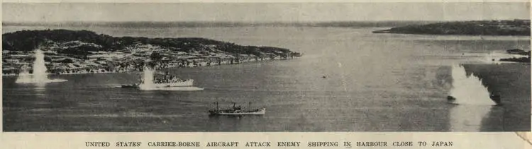 United States' carrier-borne aircraft attack enemy shipping in harbour close to Japan