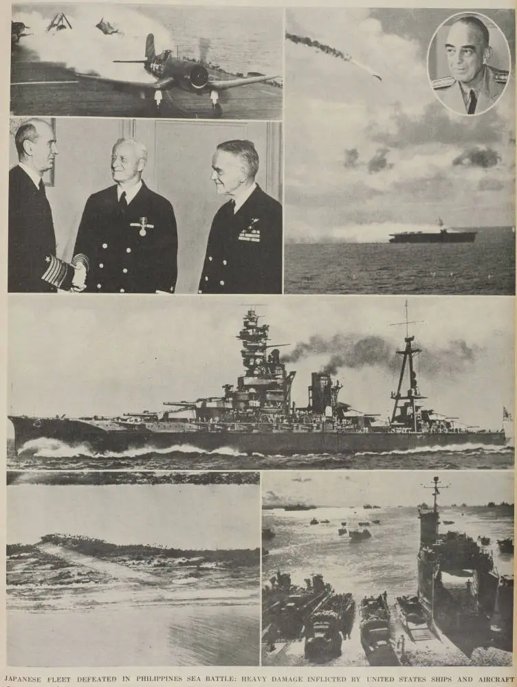 Japanese fleet defeated in Philippines sea battle: heavy damage inflicted by United States ships and aircraft