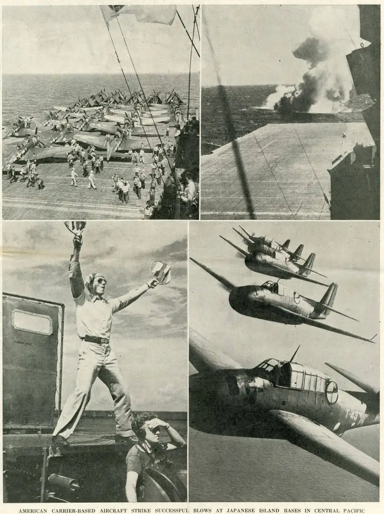 American carrier-based aircraft strike successful blows at Japanese island bases in central Pacific