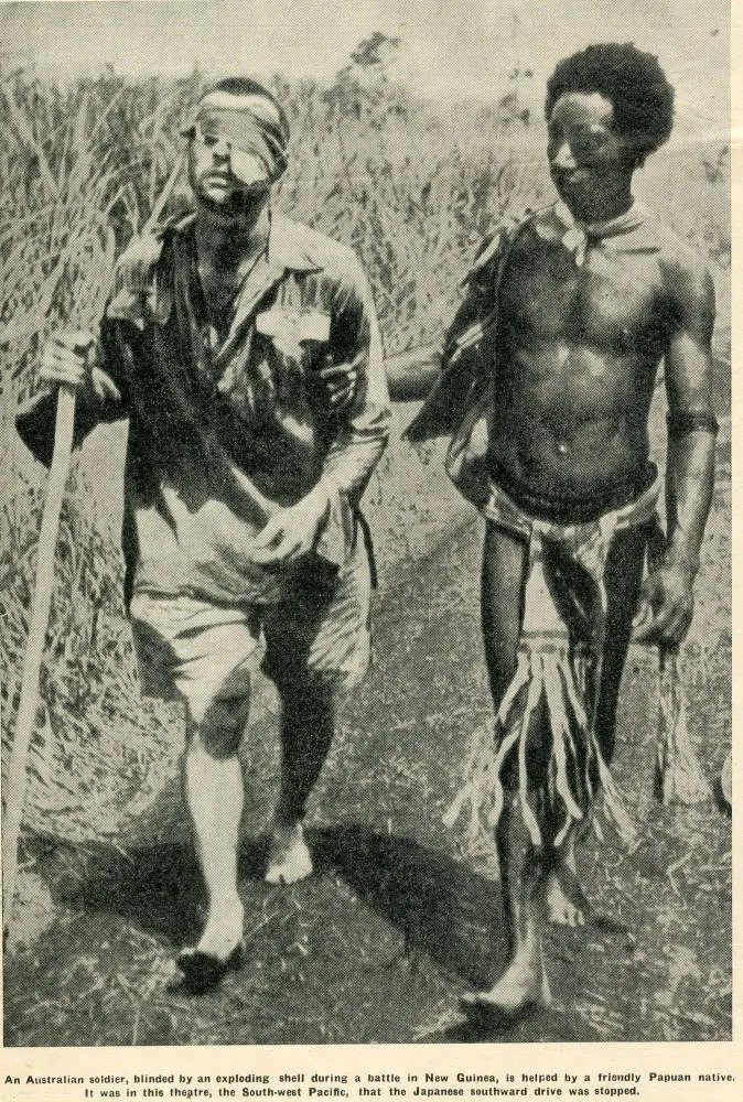 An Australian soldier, blinded by an exploding shell during a battle in New Guinea