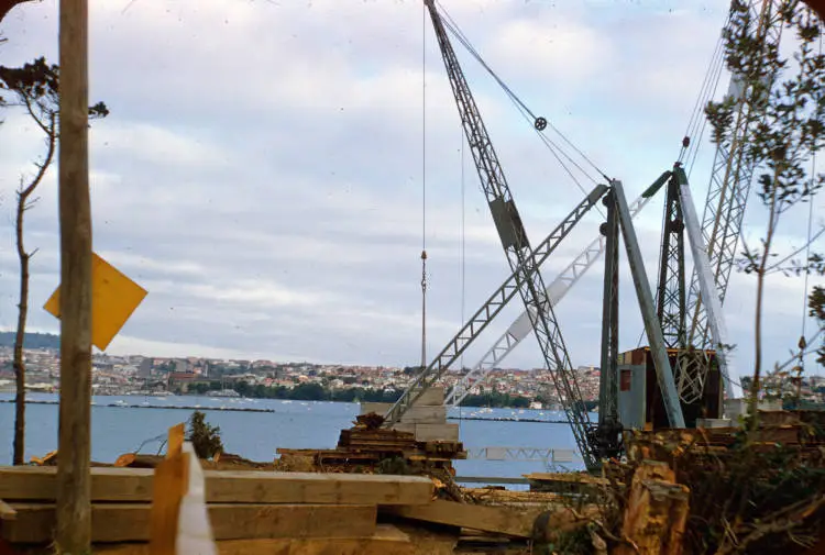 Northcote Point pine removal and start of bridge construction, 1956