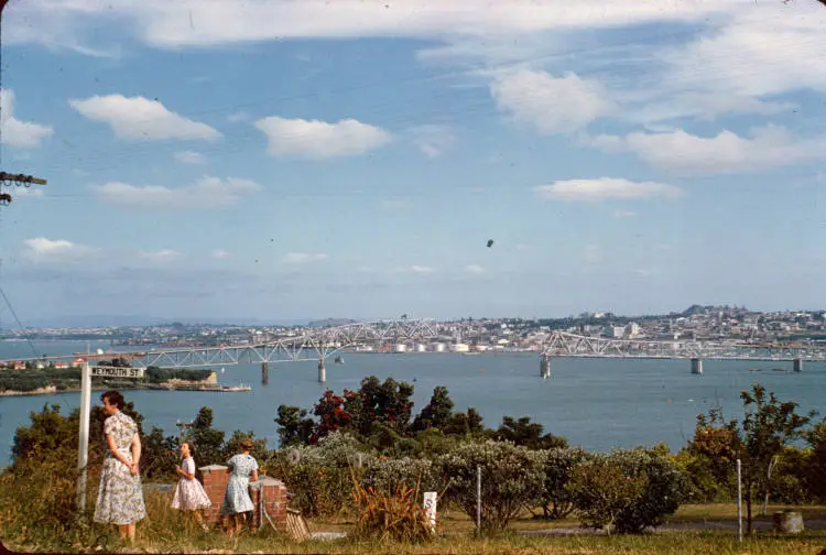 View of the incomplete bridge from Weymouth St (now Wanganella Rd), Birkenhead, 1958