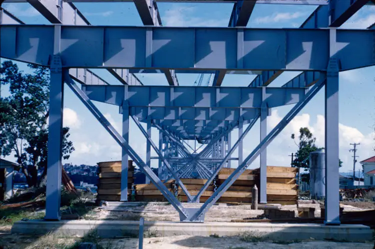 View of underside of the northern anchorage steel framing, 1958