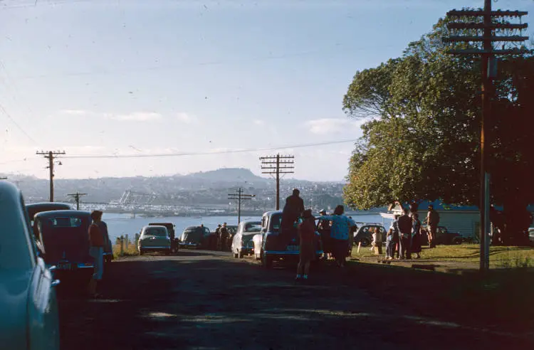 Pick-a-back operation under way, Auckland Harbour Bridge, 1958