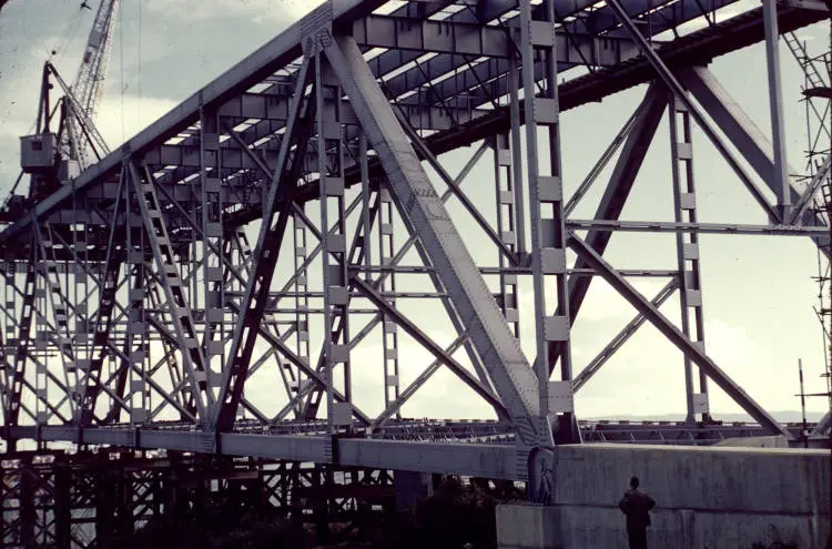 Steel framework, Northcote Point end of the Auckland Harbour Bridge, 1958