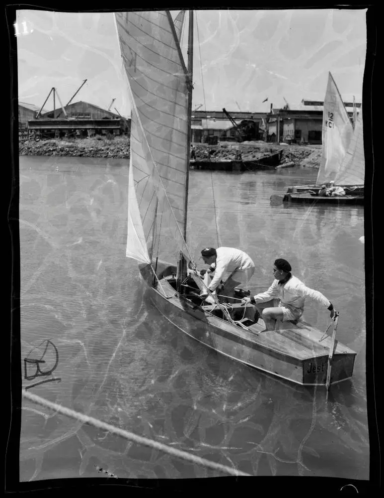 Yachtsmen Peter Mander and Jack Cropp with their boat 'Jest', Melbourne Olympic Games, 1956