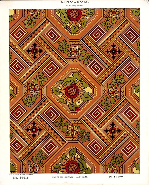 George Harrison & Co (Bradford) :Linoleum, 2 yards wide. [Victorian chinoiserie floral and leaf pattern]. No. 142/3. Pattern shown half size. [1880s?]