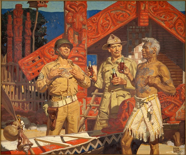 Two soldiers and Māori with coke drinks