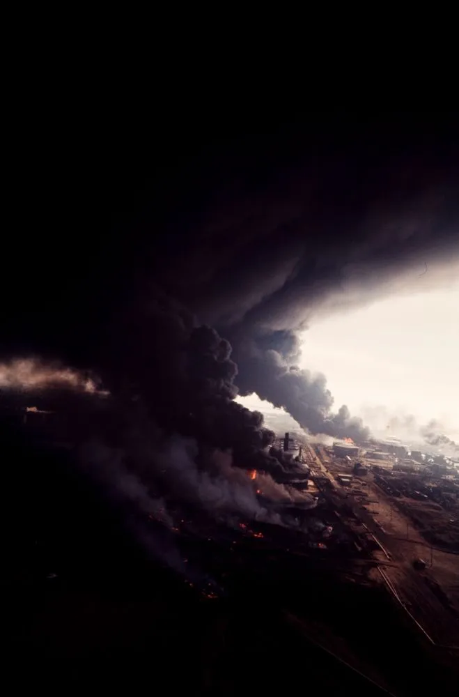 Oil tanks burning after an earthquake, Niigata, Japan