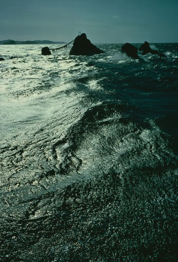 [Sea rocks connected by ropes (Japan?)]