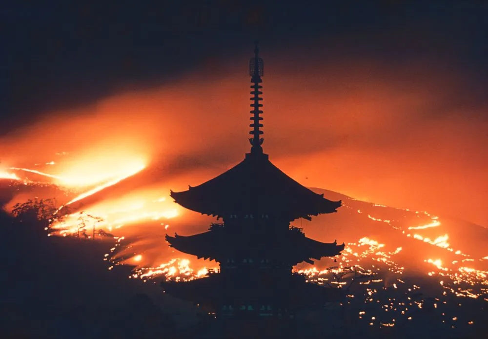 Burning mountain at an annual festival in Nara, Japan