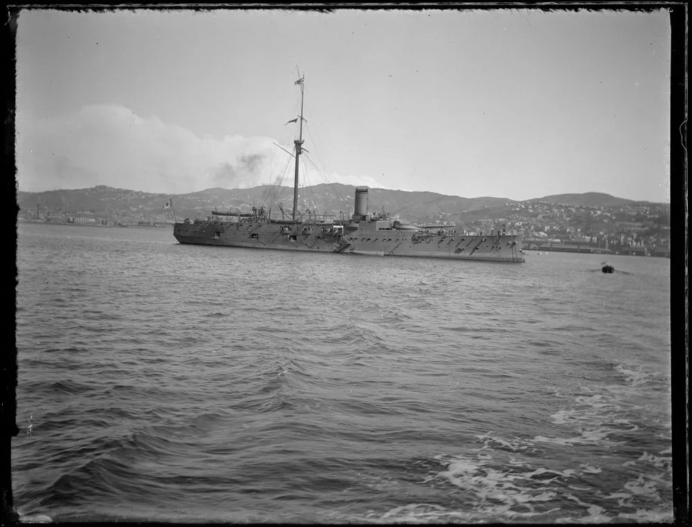 Japanese ship, shoreline profile view