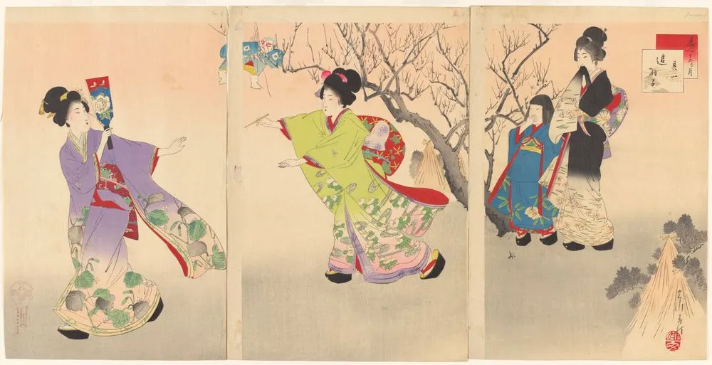 Bijin jūni kagetsu ((Beauties in the twelve months): number 1 - hagonda (shuttlecock) January