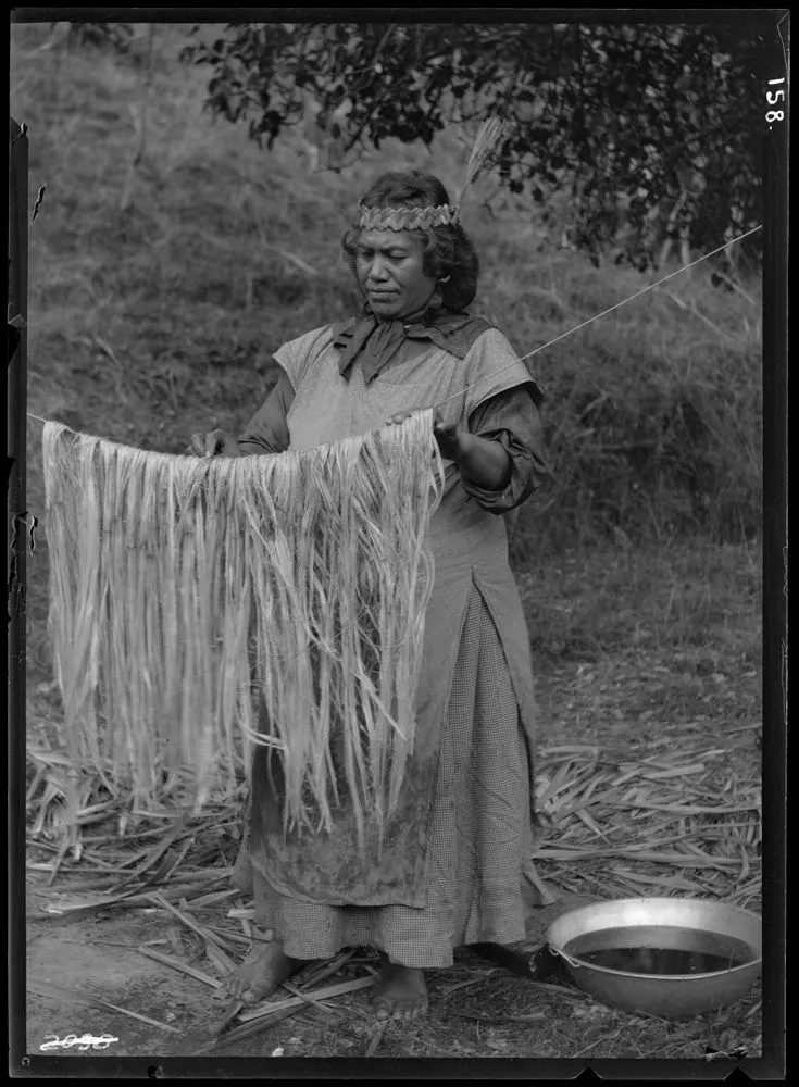 drying-flax-fibre-for-weaving-record-digitalnz