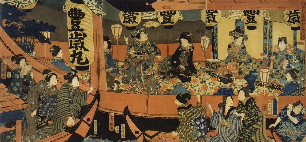 Yoshiwara courtesans entertaining a male client in a pleasure boat