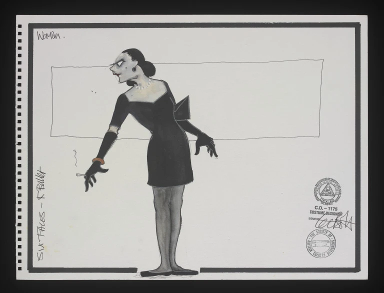 Costume design - Costume design for 'Woman'.  The design depicts a full length female figure wearing a short length black dress. The figure is also wearing black gloves and a pearl necklace and is holding a cigarette in her right hand. Unsigned by the artist.