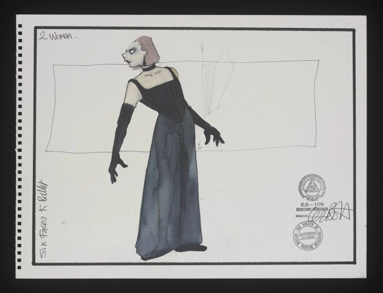 Costume design - Costume design for '2 Women'.  The design depicts a full length female figure wearing a full length black dress. The figure is also wearing black gloves and a black necklace. Unsigned by the artist.