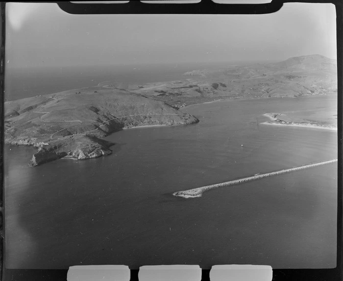 The entrance to Otago Harbour with The Mole breakwater at Aramoana and ...