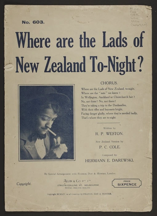 Where are the lads of New Zealand, to-night? / written by R.P. Weston ; New Zealand version by P.C. Cole ; composed by Hermann E. Darewski.