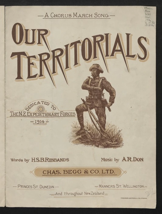 Our Territorials : a chorus march song, dedicated to the Expeditionary Forces, 1914 / music by A.R. Don ; words by H.S.B. Ribbands.