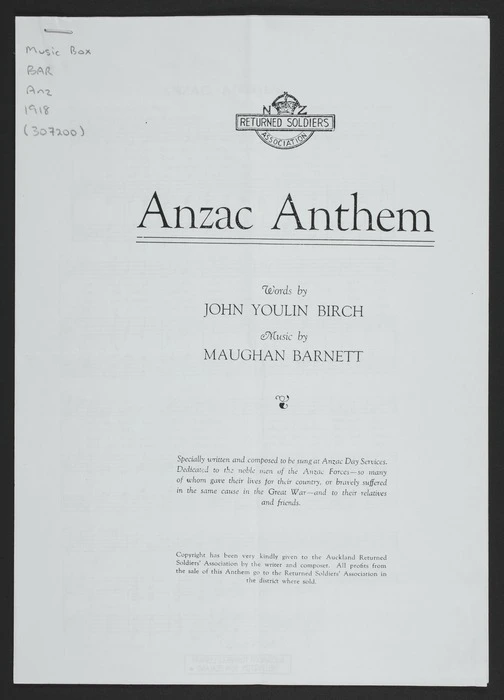 Anzac anthem / words by John Youlin Birch ; music by Maughan Barnett.