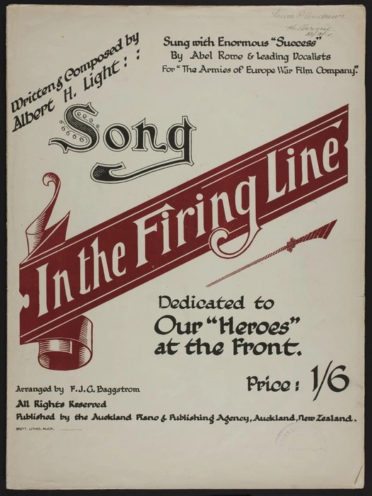 In the firing line : song / written & composed by Albert H. Light ; arr. by F.J.G. Baggstrom.