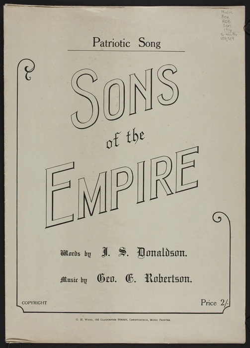 Sons of the Empire / words by J.S. Donaldson ; music by G.E. Robertson.