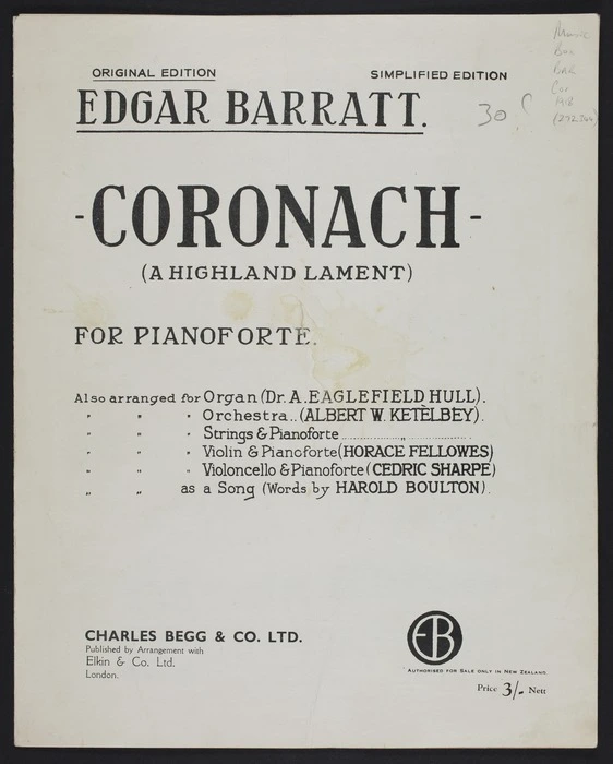 Coronach : (a Highland lament) : for pianoforte / Edgar Barratt.